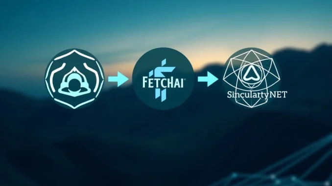 Ocean Protocol logo separating from Fetch.ai and SingularityNET logos, illustrating its withdrawal from the ASI Alliance for independent tokenomics.