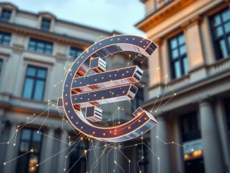 Digital Euro stablecoin symbol with blockchain connections, representing ODDO BHF's launch of the EUROD stablecoin under MiCA regulation.