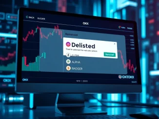 A digital exchange interface showing a list of cryptocurrencies with some marked for removal, symbolizing the OKX delisting of spot trading pairs.