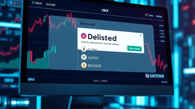 A digital exchange interface showing a list of cryptocurrencies with some marked for removal, symbolizing the OKX delisting of spot trading pairs.