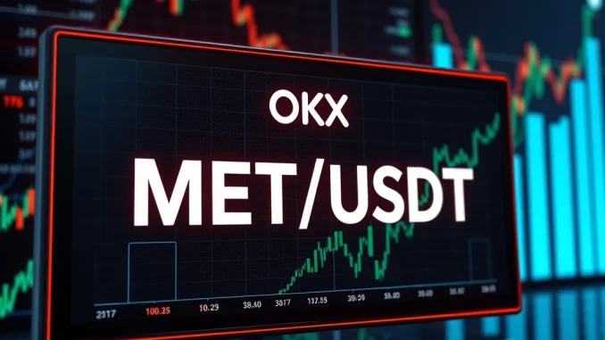 Visualizing the exciting OKX MET listing with a digital trading interface showing MET/USDT, symbolizing new crypto opportunities.