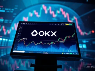 Digital representation of the OKX exchange interface displaying the Meteora (MET) token, symbolizing the OKX Meteora listing for spot trading.
