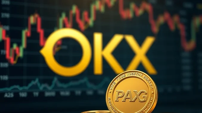 OKX platform screen displaying the **PAXG listing** announcement, with a digital gold bar icon, signifying the new gold-backed crypto trading opportunity.