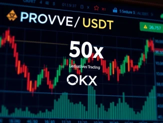 An OKX trading screen shows **PROVE perpetual futures** charts, emphasizing the 50x leverage option for **crypto leverage** trading.