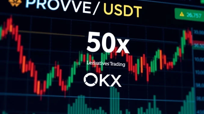 An OKX trading screen shows **PROVE perpetual futures** charts, emphasizing the 50x leverage option for **crypto leverage** trading.