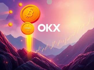 A digital representation of the OKX spot listing announcement, highlighting AVNT crypto and TOSHI token symbols, indicating new trading opportunities.