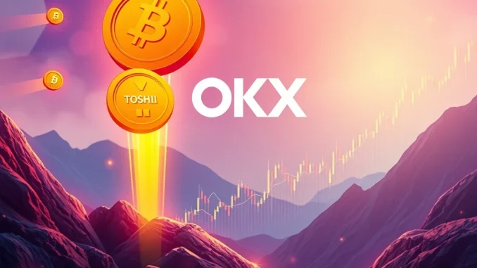A digital representation of the OKX spot listing announcement, highlighting AVNT crypto and TOSHI token symbols, indicating new trading opportunities.