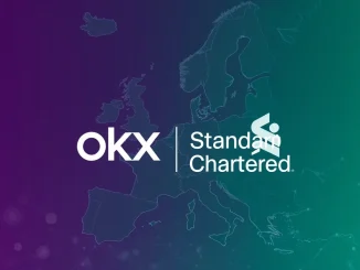 OKX Standard Chartered partnership logos symbolize enhanced crypto custody and trading solutions for European institutional investors.