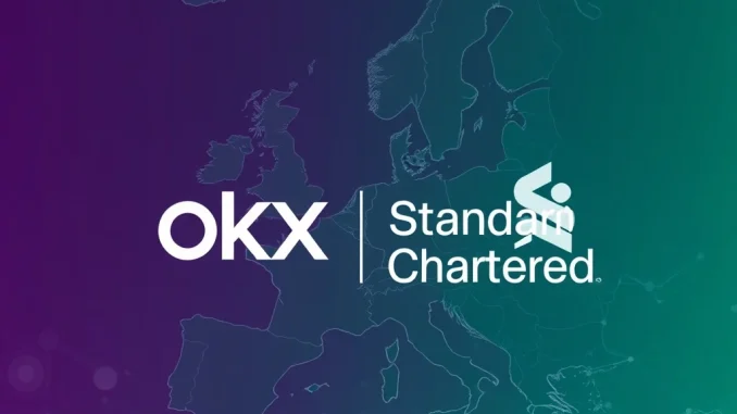 OKX Standard Chartered partnership logos symbolize enhanced crypto custody and trading solutions for European institutional investors.