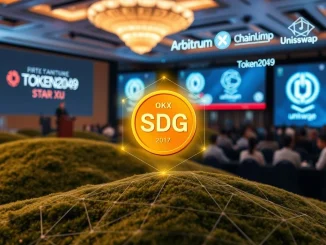 OKX founder Star Xu announcing the **OKX USDG stablecoin** launch on the **X Layer blockchain** at Token2049, symbolizing digital finance innovation.