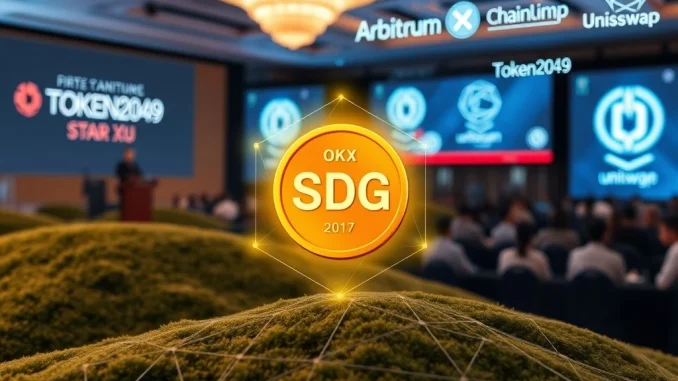 OKX founder Star Xu announcing the **OKX USDG stablecoin** launch on the **X Layer blockchain** at Token2049, symbolizing digital finance innovation.