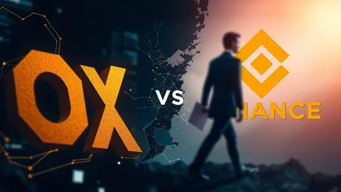 Visualizing the escalating tensions between OKX and Binance, symbolized by a figure departing OKX's X Layer due to conflict of interest.