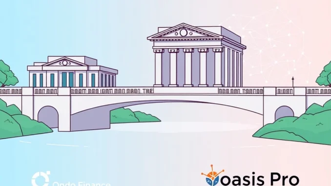 A digital bridge symbolizing Ondo Finance integrating traditional finance with blockchain, facilitating SEC-regulated RWA tokenization.