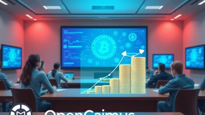 OpenCampus funding empowers global Web3 education, depicted by digital coins flowing into a blockchain-powered learning platform.