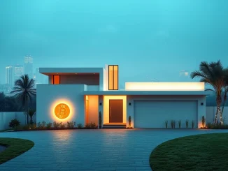 A modern home with a subtle Bitcoin symbol, illustrating Opendoor Bitcoin payments revolutionizing real estate.