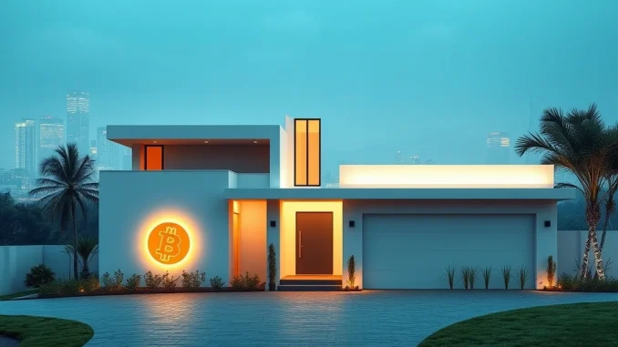 A modern home with a subtle Bitcoin symbol, illustrating Opendoor Bitcoin payments revolutionizing real estate.