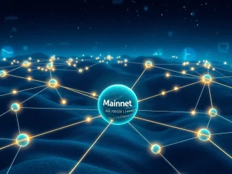 Visualizing Opinion Labs' **decentralized prediction market** platform launching its mainnet, showcasing network connections and data flow.