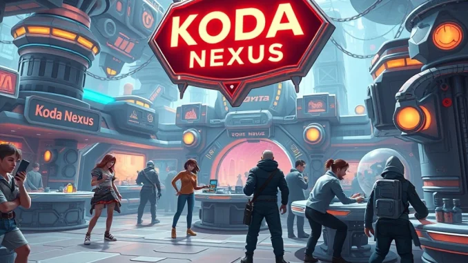 An aerial view of the vibrant Koda Nexus social hub in the Otherside Metaverse, showing diverse BAYC-themed avatars interacting and exploring. This visual represents Yuga Labs' innovative Web3 gaming experience.