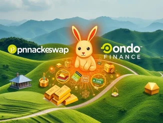 PancakeSwap and Ondo Finance logos alongside digital real-world assets integrating into the BNB Chain, showcasing RWA expansion.