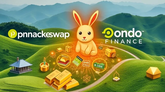 PancakeSwap and Ondo Finance logos alongside digital real-world assets integrating into the BNB Chain, showcasing RWA expansion.