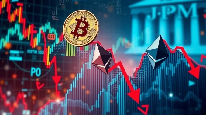 Charts showing a sharp decline in cryptocurrency prices, representing the **crypto sell-off** driven by perpetual futures investors.