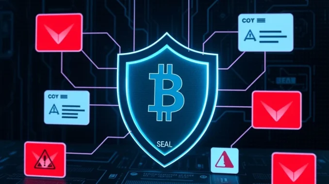 A digital shield protecting against malicious phishing sites, symbolizing SEAL's new security tool for crypto protection.