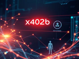 A digital interface depicting the Pieverse x402b protocol enabling secure, compliant enterprise payments on BNB Chain for AI agents.