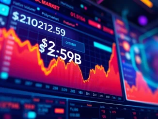 A digital graph showing Polymarket trading volume hitting an all-time high in October, signifying significant prediction market growth.
