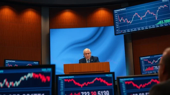 Cryptocurrency charts plummeting during Jerome Powell's press conference, symbolizing crypto futures liquidations.