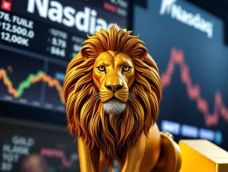 A digital lion symbolizing Prestige Wealth's bold $280M Tether Gold (XAUT) investment, bridging traditional finance with gold-backed stablecoins.