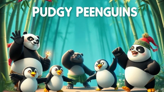 Pudgy Penguins characters alongside Kung Fu Panda characters, symbolizing an exciting NFT collaboration.