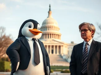 Pudgy Penguins NFT character engaging with U.S. policymakers, highlighting their strategic move into Washington D.C. lobbying efforts.