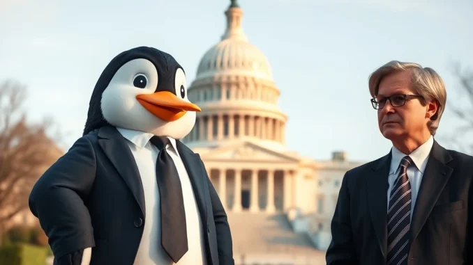 Pudgy Penguins NFT character engaging with U.S. policymakers, highlighting their strategic move into Washington D.C. lobbying efforts.