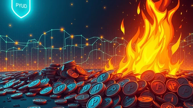 Illustration depicting a large quantity of PYUSD tokens disappearing in digital flames, symbolizing the 230 million PYUSD burn.