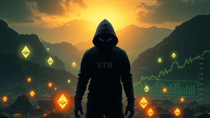 Illustration of a digital hacker figure making a large ETH purchase, symbolizing the Radiant Capital hacker's recent DeFi exploit and acquisition.