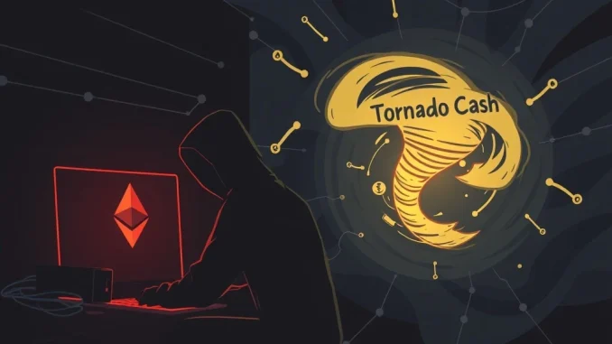 Illustration showing a Radiant Capital hacker transferring digital assets to a mixing service, symbolizing illicit crypto fund movement.