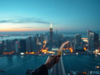 Raoul Pal confidently overlooks a futuristic digital landscape, symbolizing **long-term crypto investing** despite market fluctuations.