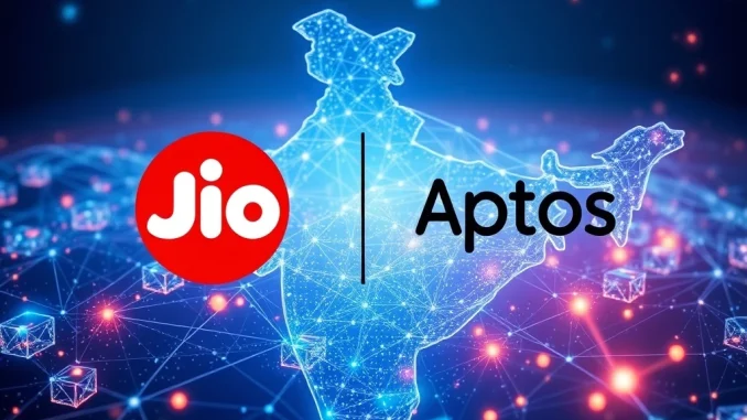 Reliance Jio Aptos partnership: Logos blend over a digital map of India, signifying the launch of blockchain rewards and Web3 adoption.
