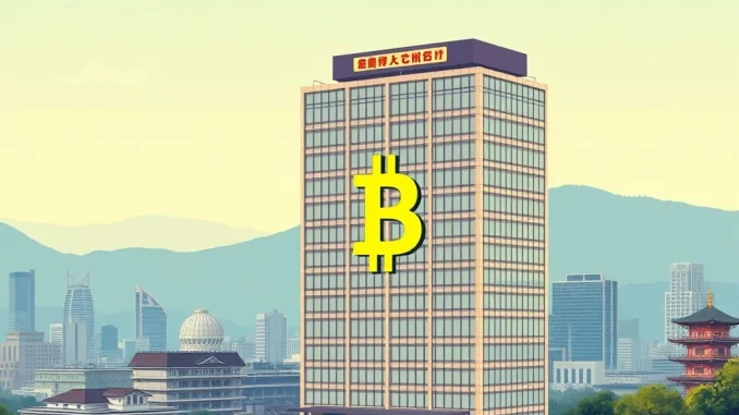 Remixpoint's strategic Bitcoin investment displayed through a digital chart with a Japanese corporate building background.