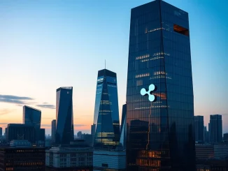 A modern London skyscraper, representing Ripple Labs' potential new London office, signifying strategic expansion in the financial district.