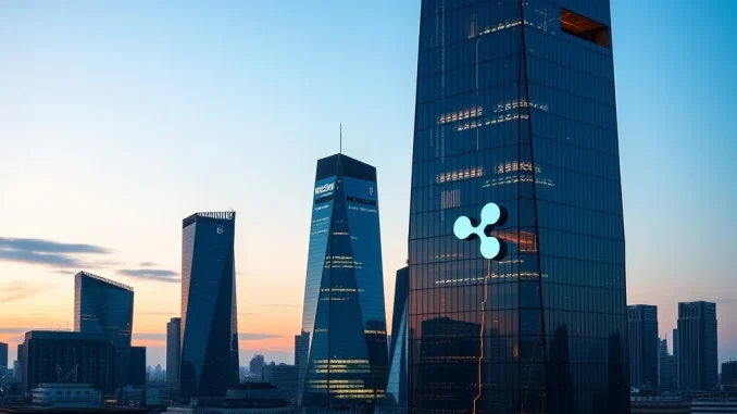 A modern London skyscraper, representing Ripple Labs' potential new London office, signifying strategic expansion in the financial district.