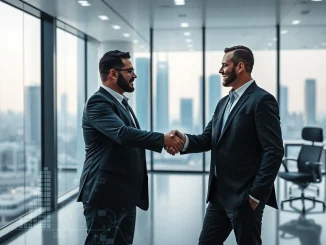 Executives shake hands, symbolizing the Ripple partnership with Bahrain Fintech Bay, driving fintech innovation and cross-border payments.