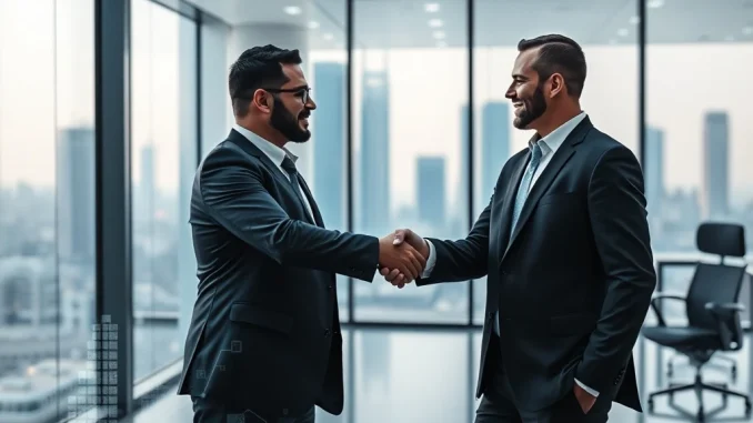 Executives shake hands, symbolizing the Ripple partnership with Bahrain Fintech Bay, driving fintech innovation and cross-border payments.