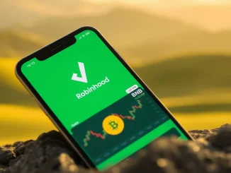 A smartphone displaying the Robinhood app with the Binance Coin (BNB) logo, symbolizing the Robinhood BNB listing and new trading opportunities.