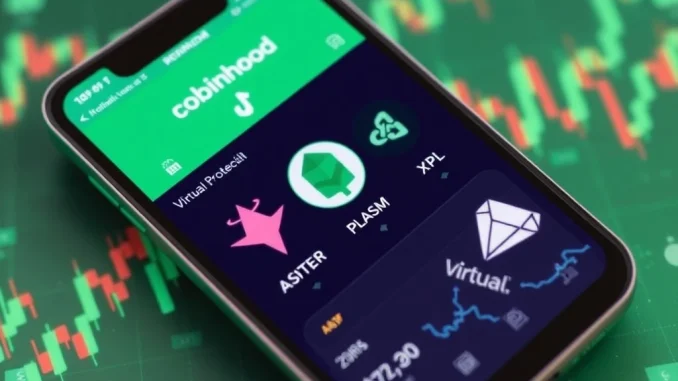 Robinhood Unleashes Major Crypto Expansion: Astar, Plasm, Virtual Protocol Now Live Robinhood app screen displaying Astar, Plasm, and Virtual Protocol crypto listings, signifying expanded Robinhood crypto trading options.