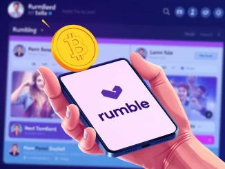 A vibrant image depicting **Rumble crypto tipping** functionality, showing a Bitcoin icon next to a creator's profile, signifying new **live streaming monetization** options.