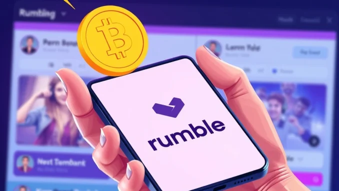 A vibrant image depicting **Rumble crypto tipping** functionality, showing a Bitcoin icon next to a creator's profile, signifying new **live streaming monetization** options.