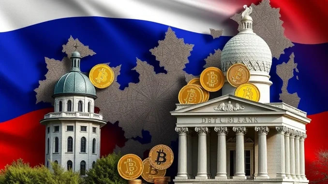 Depicts Russia cryptocurrency services being conditionally approved for banks, highlighting the intersection of traditional finance and digital assets under new regulations.