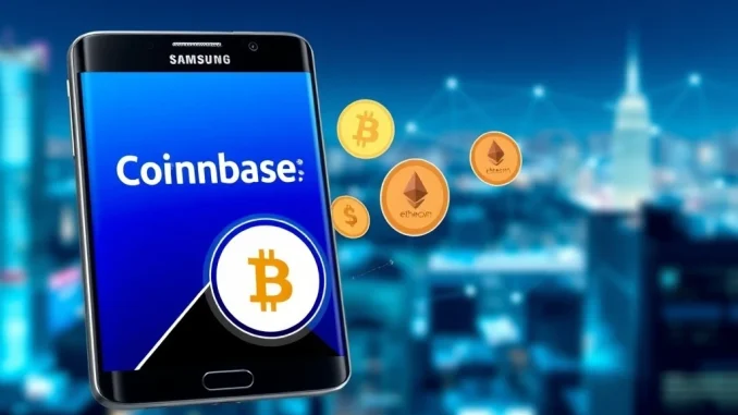 Samsung Wallet Unleashes Seamless Crypto Payments with Coinbase One Integration Samsung Wallet integration with Coinbase One on a Samsung Galaxy phone, showcasing seamless crypto payments.