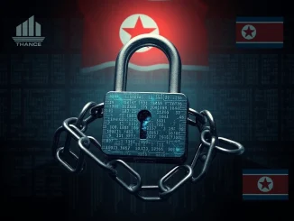 Digital lock with broken chains symbolizing the SBI Crypto $21M hack and potential North Korean cyber threat.